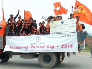 Neroca FC team who bagged the Runners-up title in the 128th Durand Cup Football Championship returned home