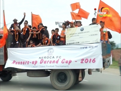 Neroca FC team who bagged the Runners-up title in the 128th Durand Cup Football Championship returned home
